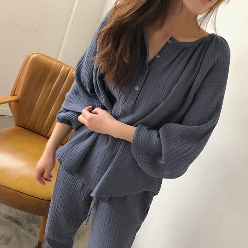 Korean Cotton Line Home Suit Women Solid Vintage Sleepwear Soft Pajamas Set Sweet Loose Buttons Lace Up Long Pants Tow Piece Set