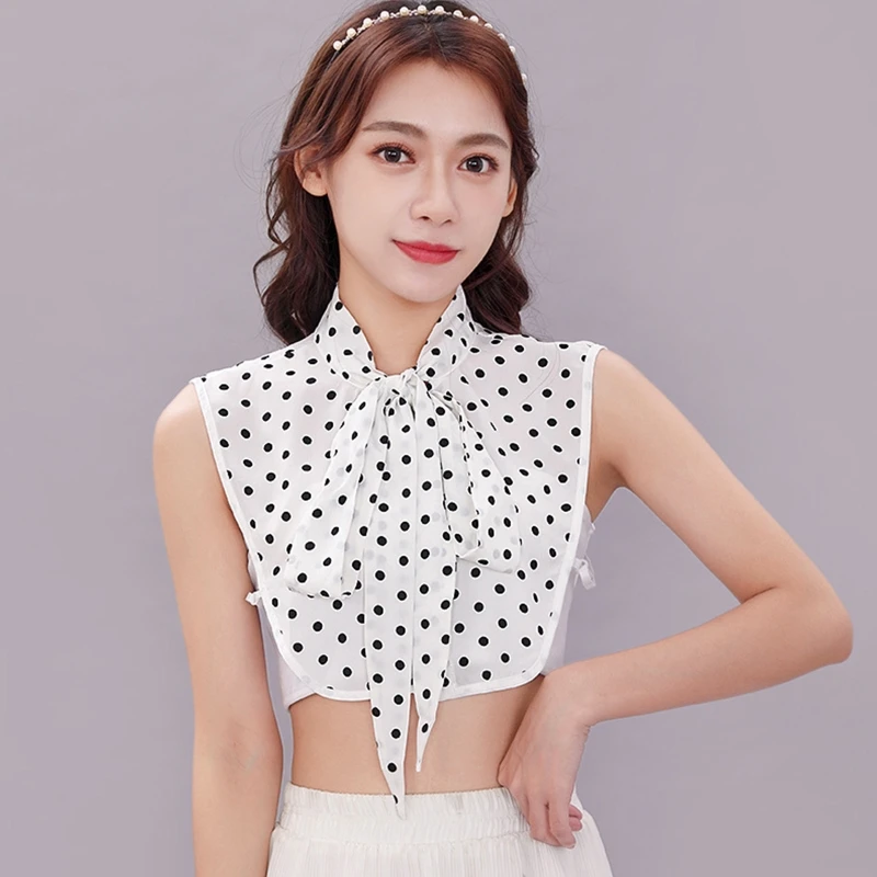 

Womens Bow Tied Neck Detachable Fake Collar Polka Dot Chiffon Half Blouse Shirt