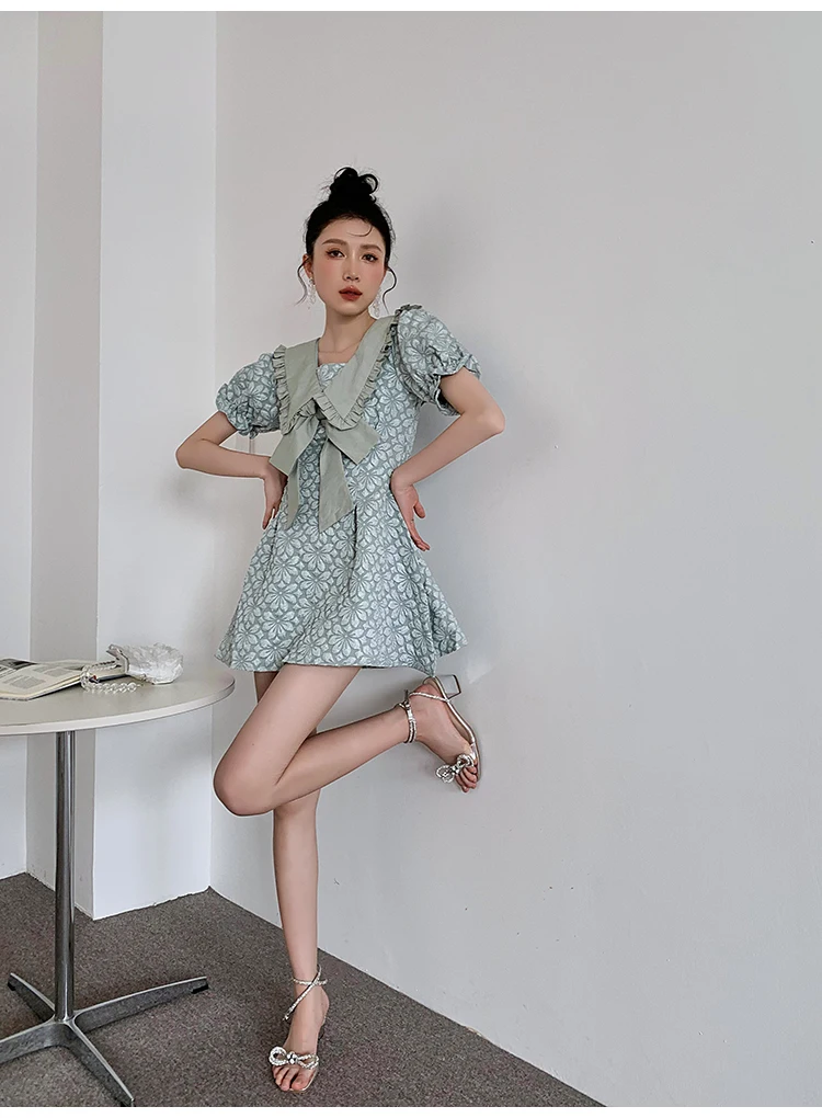 

CHEERART Sage Green Sailor Collar Puff Sleeve A Line Mini Dress Korean Fashion Summer Short Sleeve Ruffle Kawaii Dress Women