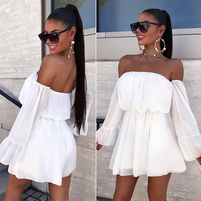 

The New WOMEN A-Line Slash neck Flare Sleeve mini Dersses Full Casual Solid Tube top Dersses