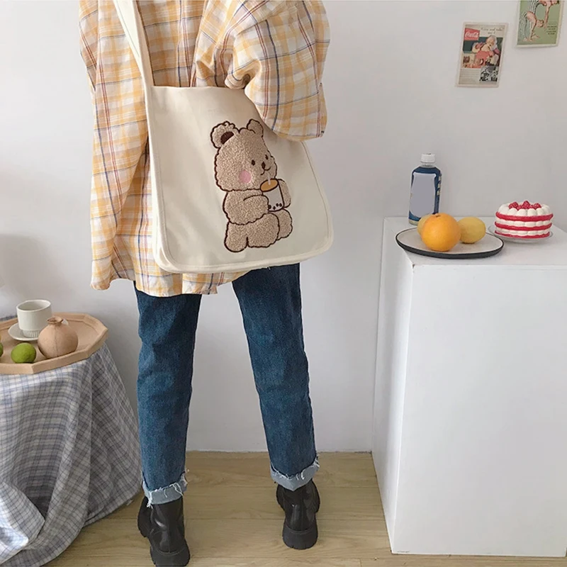 Модная женская Холщовая Сумка через плечо с медведем вместительная школьная