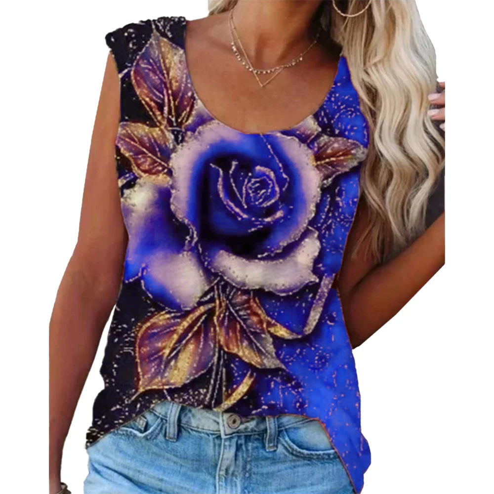 

Fashion Women Round NeckTank Top Sleeveless Rose Printed Causal Loose Tops Blouses Ladies Sexy Summer Harajuku Vest Shirts