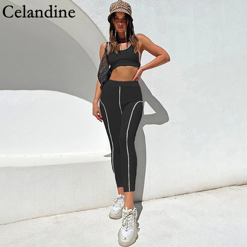 

Celandine White Elastic Sexy Two Piece Sets Women Black Sleeveless Crop Tops And Bodycon Pants Casual Outfits Spring Autumn 2021