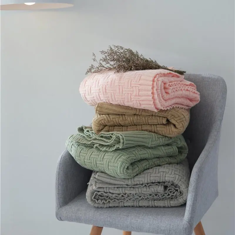 Современное простое однотонное одеяло вязаное двухстороннее плетеное для