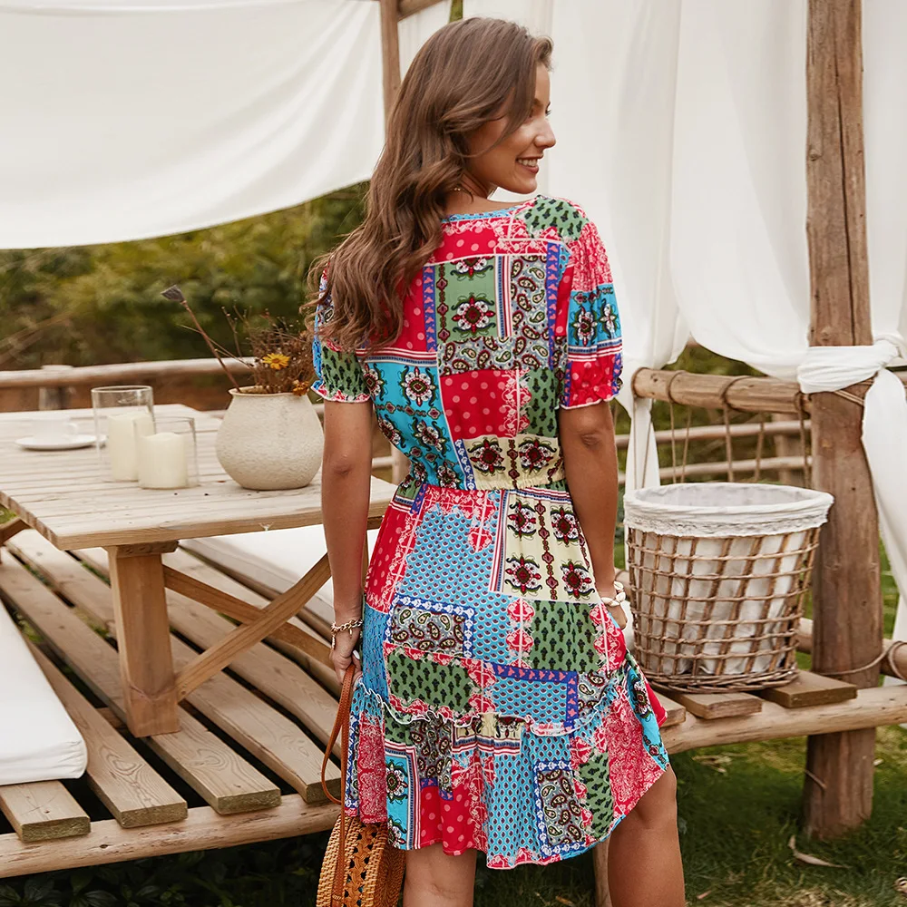 

Summer Boho Sexy Elegant Midi Dress Women Casual Loose Vintage Ethnic Print Ruffles Party Beach Tunic Dresses Female Vestidos