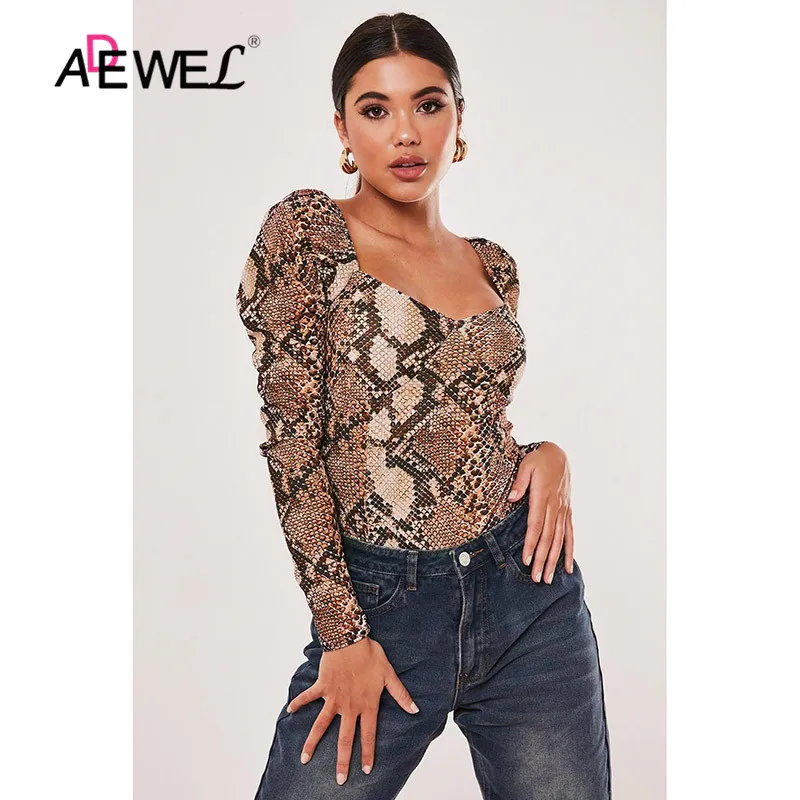 Женский комбинезон с длинным рукавом ADEWEL коричневый со змеиным принтом