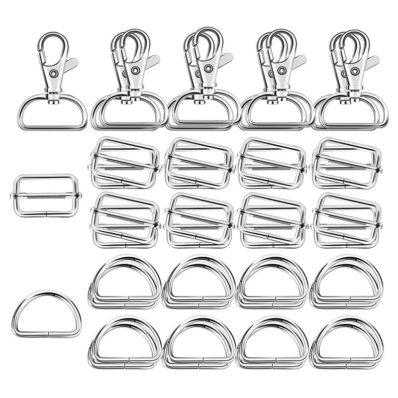 

60Pcs 32mm Metal D Rings for Gags Swivel Snap Hooks Tri-Glide Buckles for Handbag Hardware (Silver)