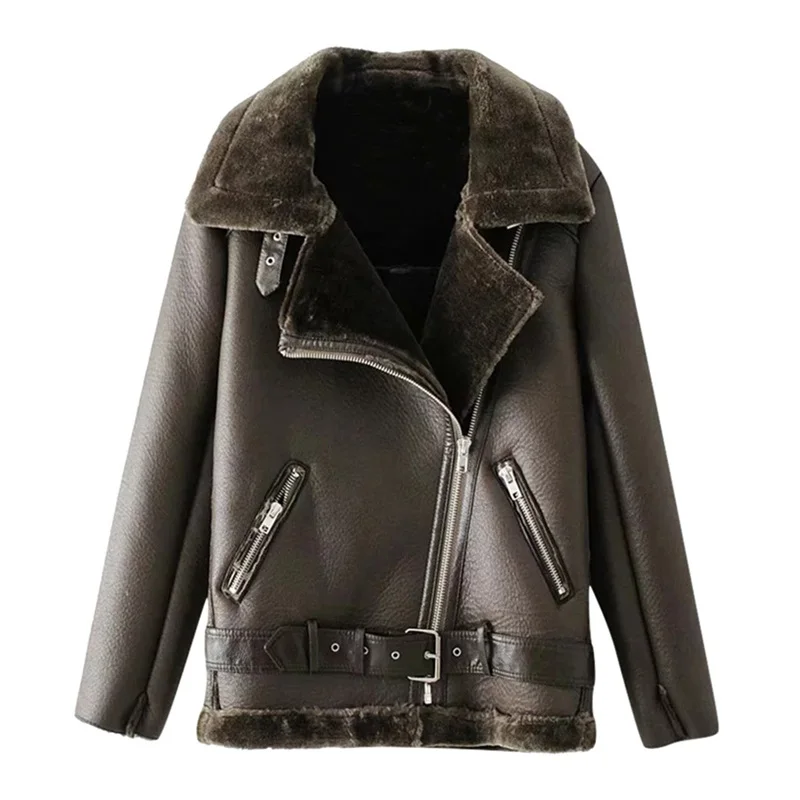 Army Green Зимняя куртка из искусственного меха, женский ремень с заклепками, Женская куртка с отворотом, байкерская куртка, пальто на молнии, Короткие панковские укороченные топы с карманами на молнии - Цвет: Army Green
