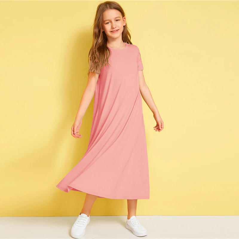 SHEIN/однотонное Повседневное платье с открытыми плечами и перекрещивающимися крест-накрест для детей; коллекция года; летние эластичные детские футболки с короткими рукавами