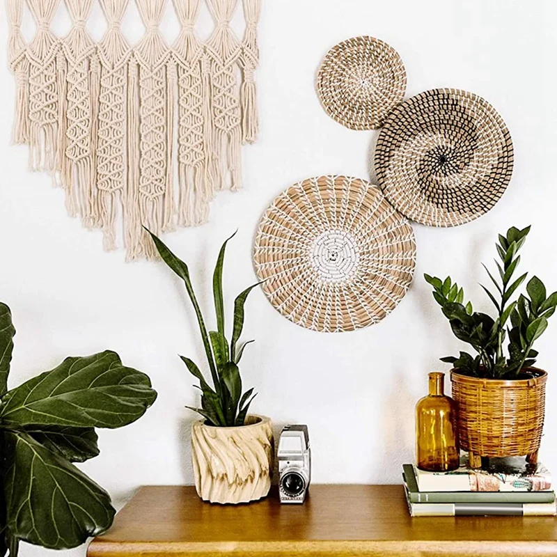 Cesta colgante de pared hecha a mano, cesta tejida redonda, bandejas de decoraci&oacute;n Boho para el hogar, dormitorio, cocina, sala de estar, Juego de 3-4