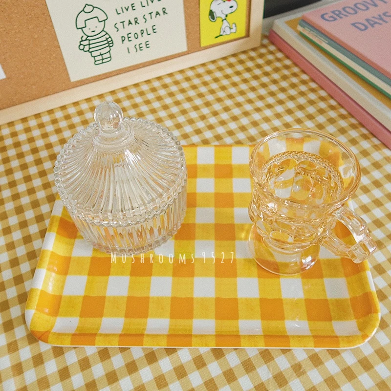 

Korean Cute Yellow Lattice Tray Plastic Melamine Rectangular Tray Household Bread Cake Tray Meal Delivery Tray Dinner Plate