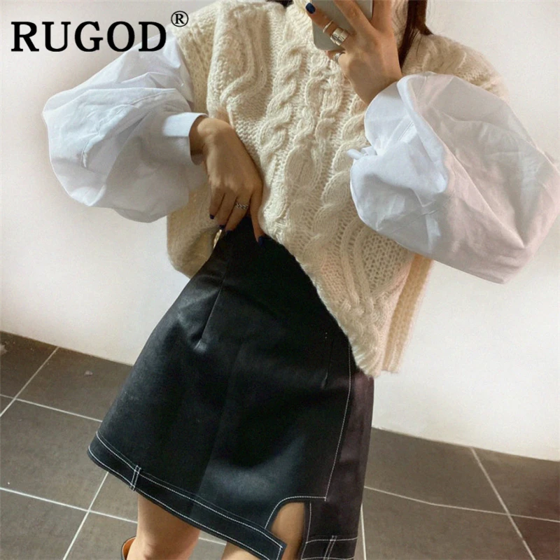 RUGOD корейский шик Однотонный свитер жилет модный вязанный водолазка майка