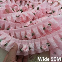 5cm wide pastoral pink chiffon 3d pleated lace flowers fabirc ruffle trim embroidered fringe ribbon diy apparel applique decor