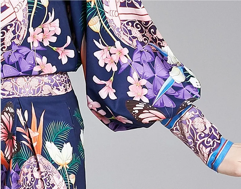 

2020 Summer Floral Printed Twinest 2 Piece Set Lantern Sleeve Bow Blouse + Pocket Shorts Mini Pant Vocation Sets