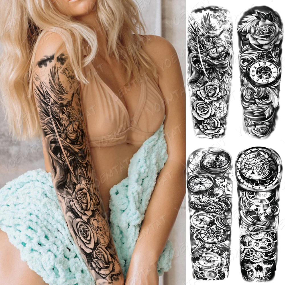 

Водостойкая Временная тату-наклейка на всю руку, часы греческого воина, цветок, флэш-татуировки, женское сексуальное боди-арт, имитация рука...