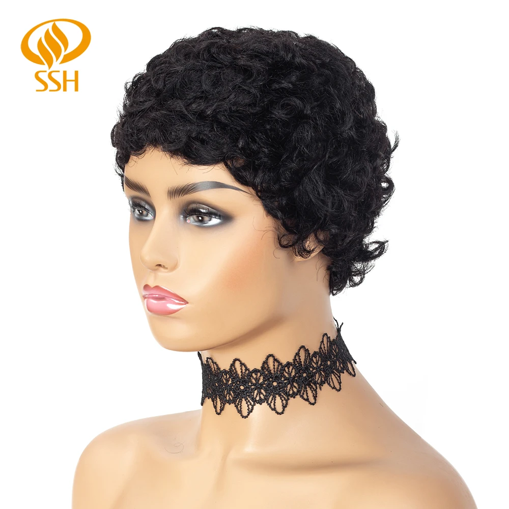 Афро вьющиеся короткие парики 100% человеческие волосы с челкой вырезанные афро