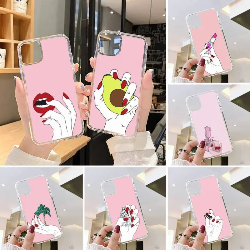 Авокадовый прозрачный чехол для телефона Sexy Pink Finger Nail Fashion для iPhone 7 8 11 12 s mini pro X XS XR MAX Plus.