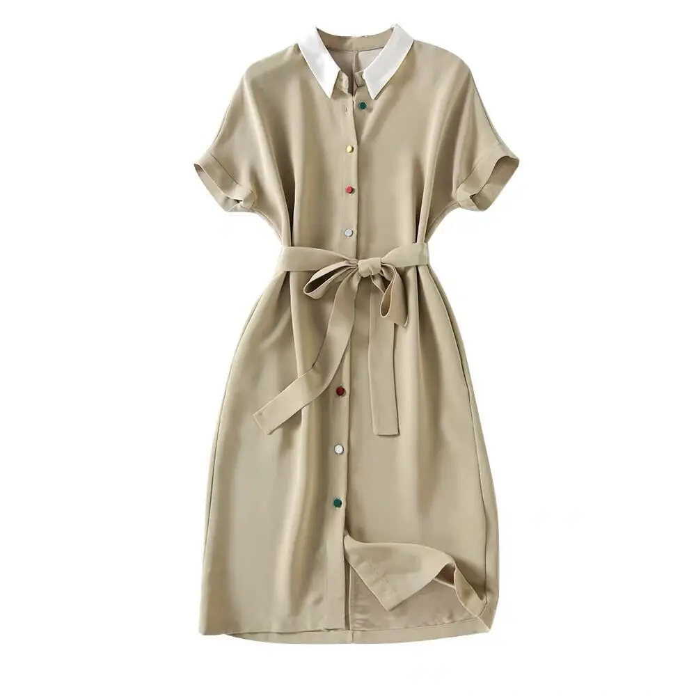 

Silky and smooth Polo Lapel fun rainbow button lace up slim acetate shirt dress women's summer