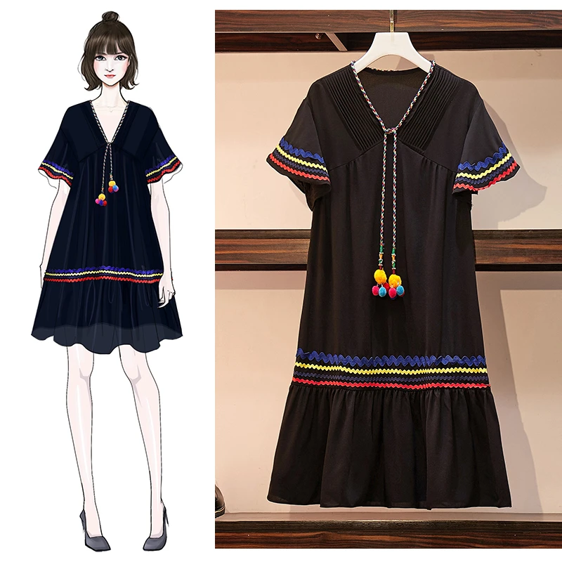 

Plus Size Vintage Dress Women 2020 Summer Casual Lace Up V-neck A-line Loose Flare Sleeve Fashion Mini Office Lady Dresses S-5XL