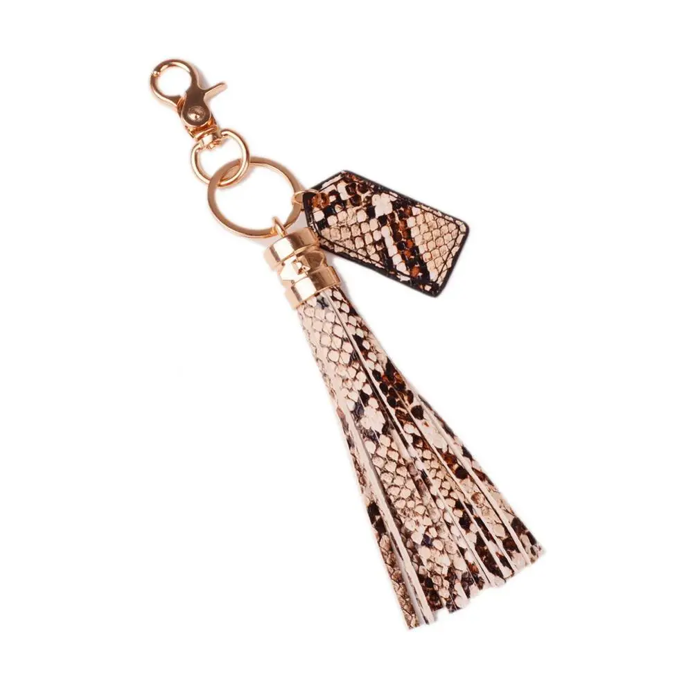 snake beige Rainbery многоцветный кожаный брелок с монограммой и кисточкой для женщин, брелок с подвеской из сплава, брелок для автомобиля, кольцо, держатель, Ретро ювелирные изделия - Цвет: snake beige