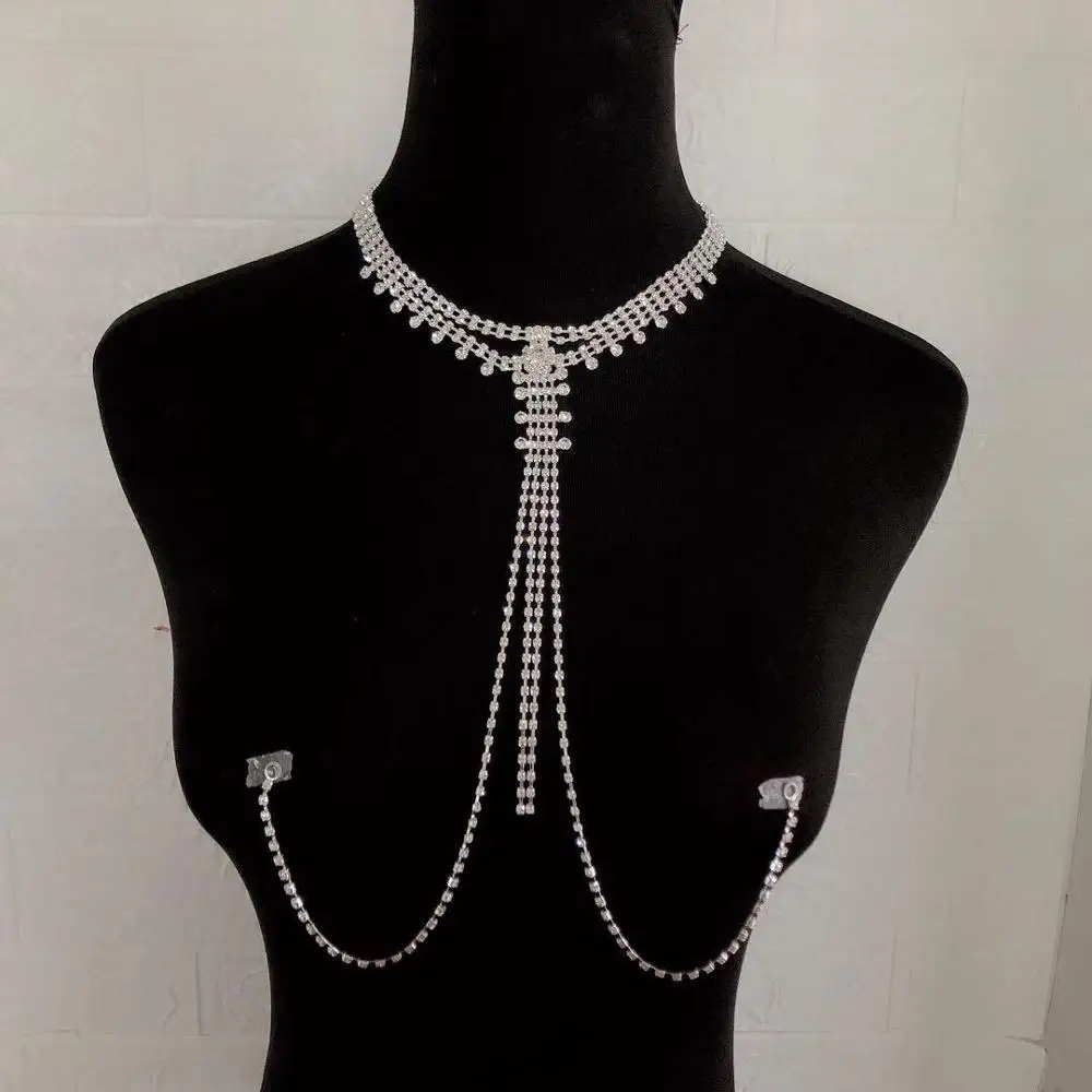 

Fashionable non perforated Rhinestone sexy nipple chain jewelry necklace for women's nightclub luxury crystal pierced body jewel