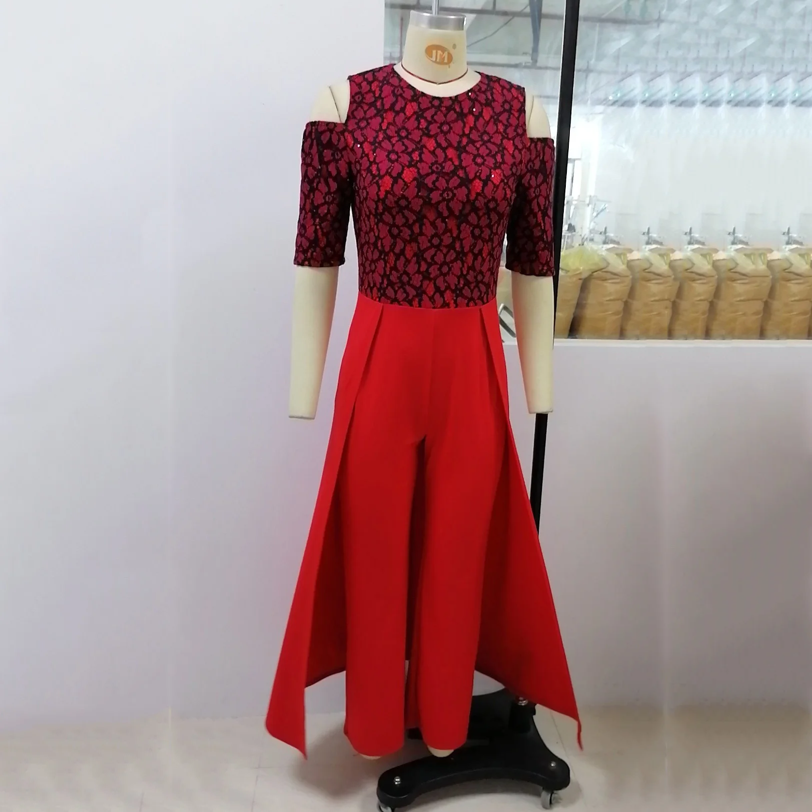 Red Bodycon Jumpsuits For Women Plus Size Black Lace Patchwork Half Sleeve High Waist Elegant Evening Party Dinner Night Clothes