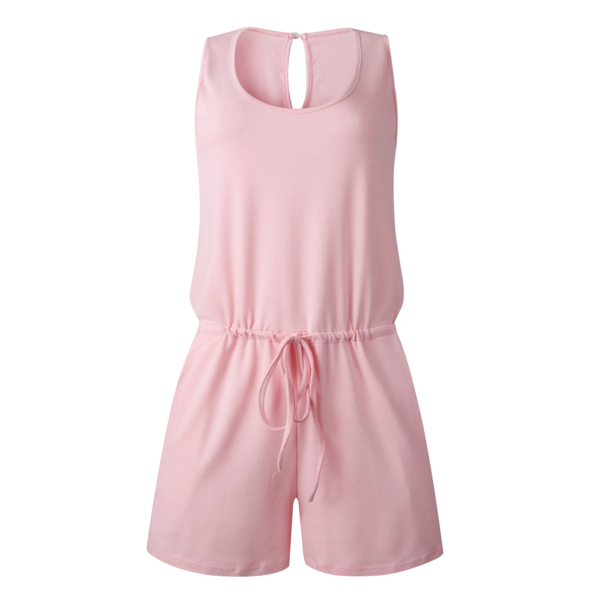

Summer 2021 Women's Fashion Striped Round Neck Vest Lace Up Casual Women's Jumpsuit Shorts Rompers Playsuit