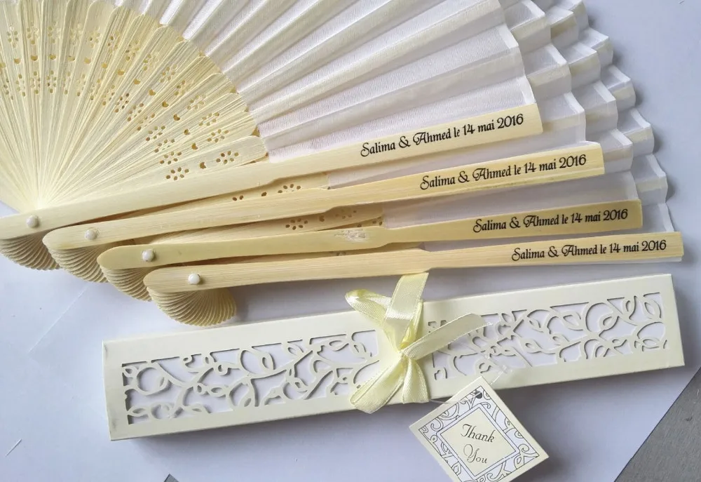 35 pcs Personalized Engraved Luxurious Silk Fold hand Fan in Elegant Laser-Cut Gift Box +Party Favors/wedding Gifts+printing