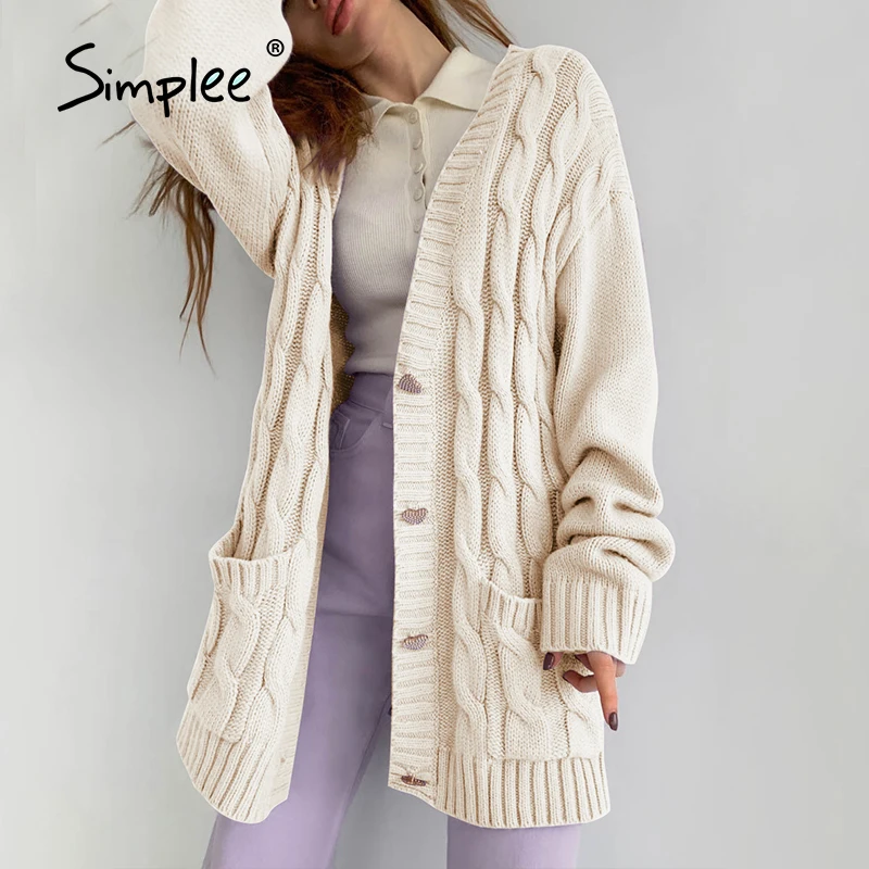 Simplee свободный женский длинный кардиган с v-образным вырезом и карманом зимний