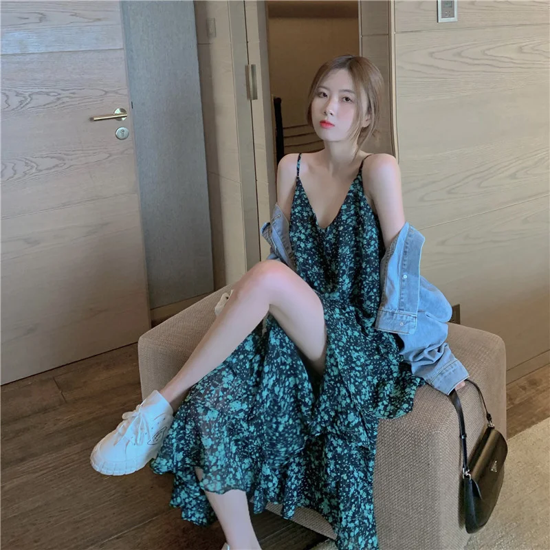 Дизайн Разделение Нерегулярные Спагетти ремень длинное платье новые летние