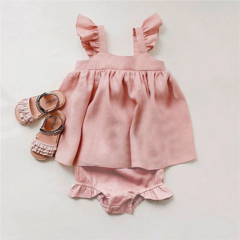 

Baby Summer Clothing 2Pcs Baby Girl Outfits Kids Girls Linen Dress + Shorts Infant Clothing Newborn Baby Girl Clothes Sets