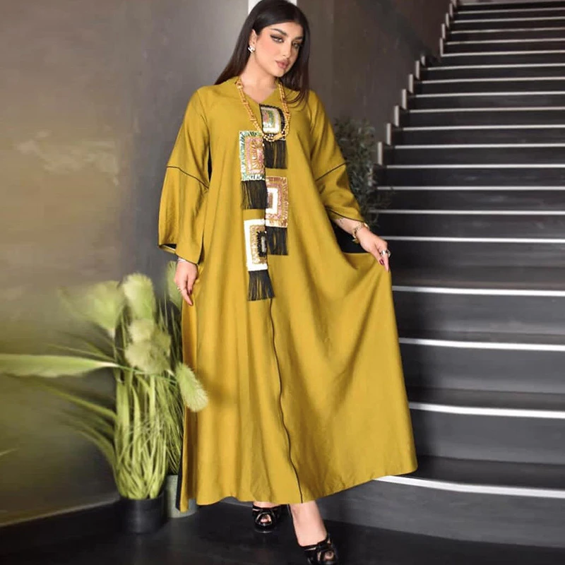 Abaya платье для женщин 2022 этнические блестки кисточки Ближний Восток мусульманское конфетное арабское Оман марокканское платье
