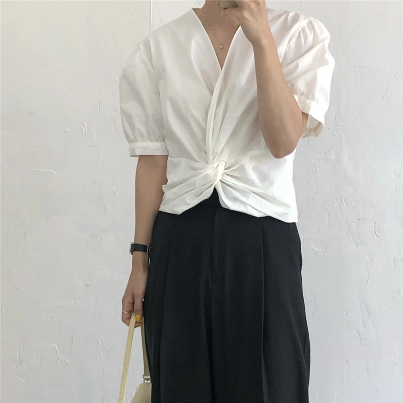 

ZCSMLL Korean Summer V-neck Cross-knot casual Top Women Design Loose Short Puff Sleeve T-Shirt Women 2021 Spring Summer