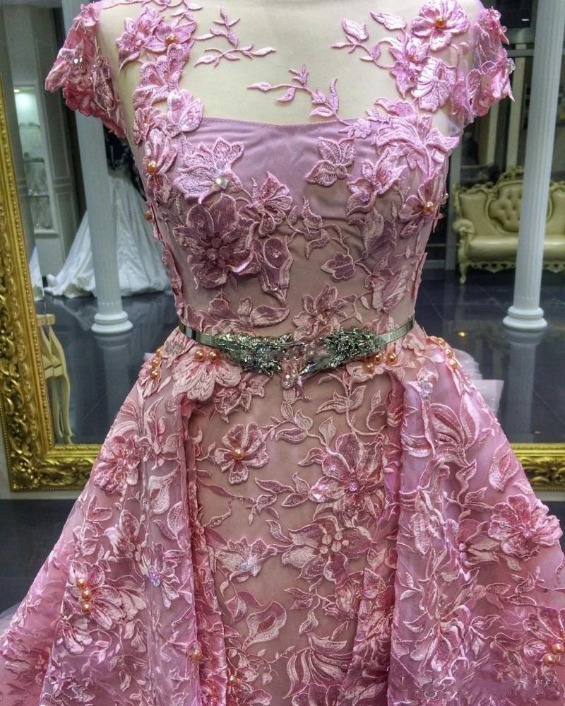 Luxury Pink lace Cap Sleeves Bridal gown Tailor-made mermaid Sweep Train Saudi Arabia Evening gown with pearl belt Sheer neck