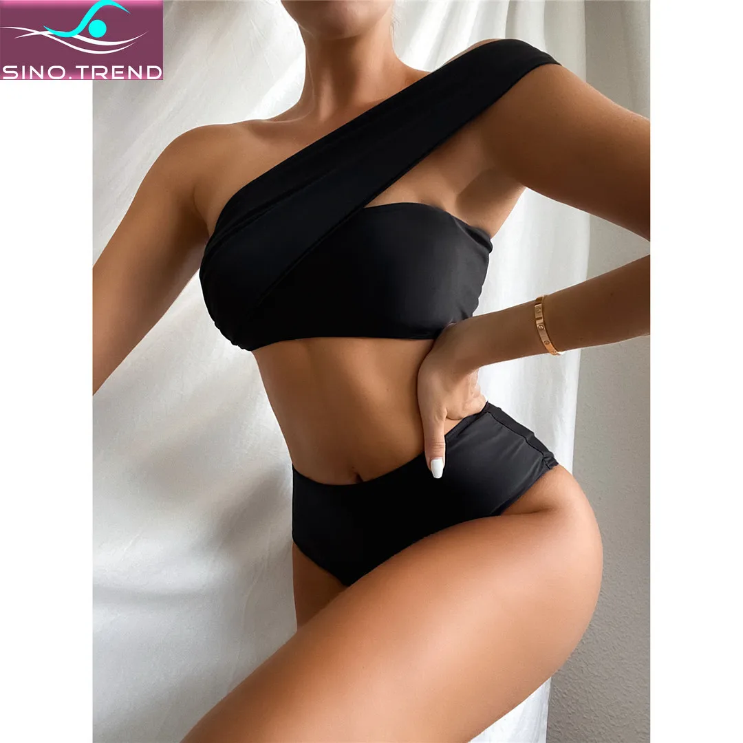 

SINO.TREND Asymmetric One Shoulder High Waist Bikini Set Female Black Swimsuit Women Split Swimwear Two-pieces Beachwear Swim