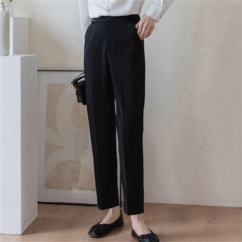 

Черные деловые шикарные брюки HziriP, подходящие ко всему прямые 2021 стильные женские офисные свободные летние повседневные брюки с широкими ш...