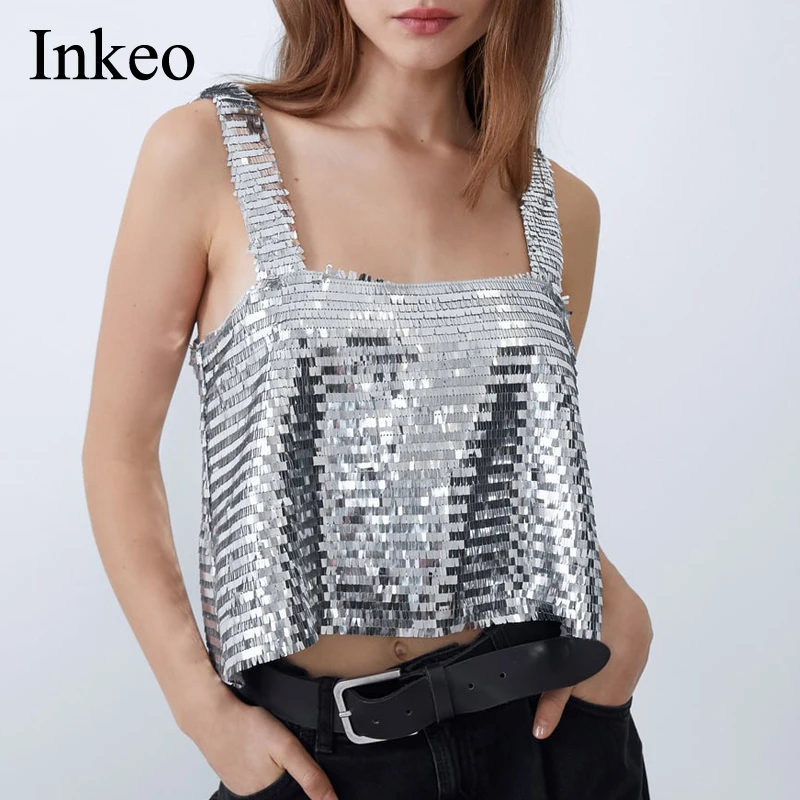 Женский короткий топ с блестками летний серебристый свободный сексуальный без