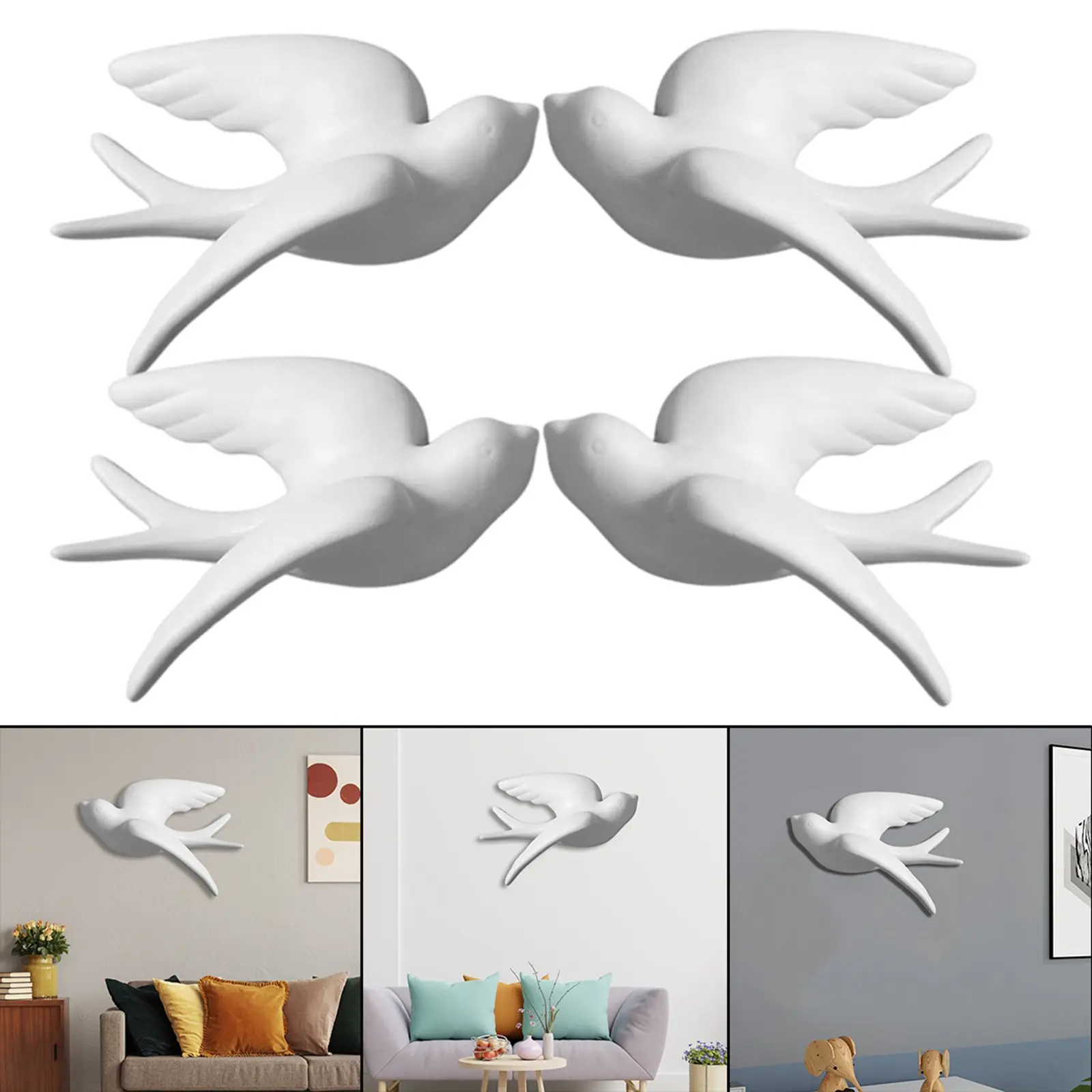 

4Pcs Creative Cute 3D Ceramic Bird Swallow Mural Wall Hanging Art Sculptures Decor Living Room Dining Office Garden Ornaments