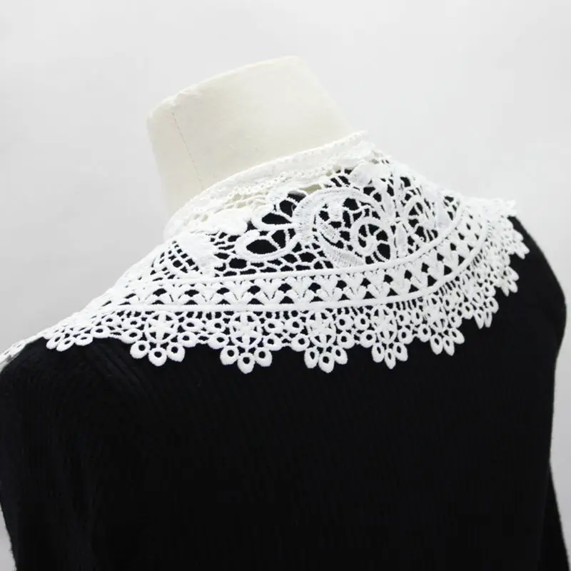 

D08E European Pastoral Style Womens Doll False Fake Collar Hollow Out Embroidery Floral Lace Half Shirt Shawl with Lace Up