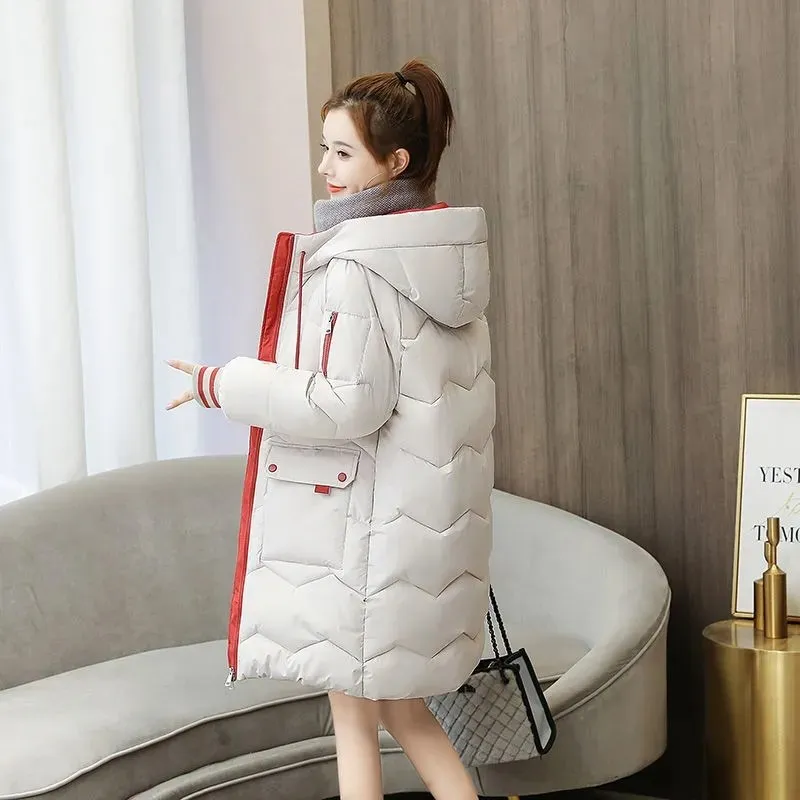 

2021 New Mid-length Casual Winter Jackets Hooded Women's Parkas Cotton Clothes Thick Padded Outwear Loose Solid Female Coats