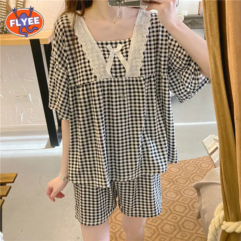 

Women's Sleepwear Home Sleepwear Breathable 2PCS Water-washed Sleeping Suits Female Elegant Nightwear Short Sleeve Plus Size