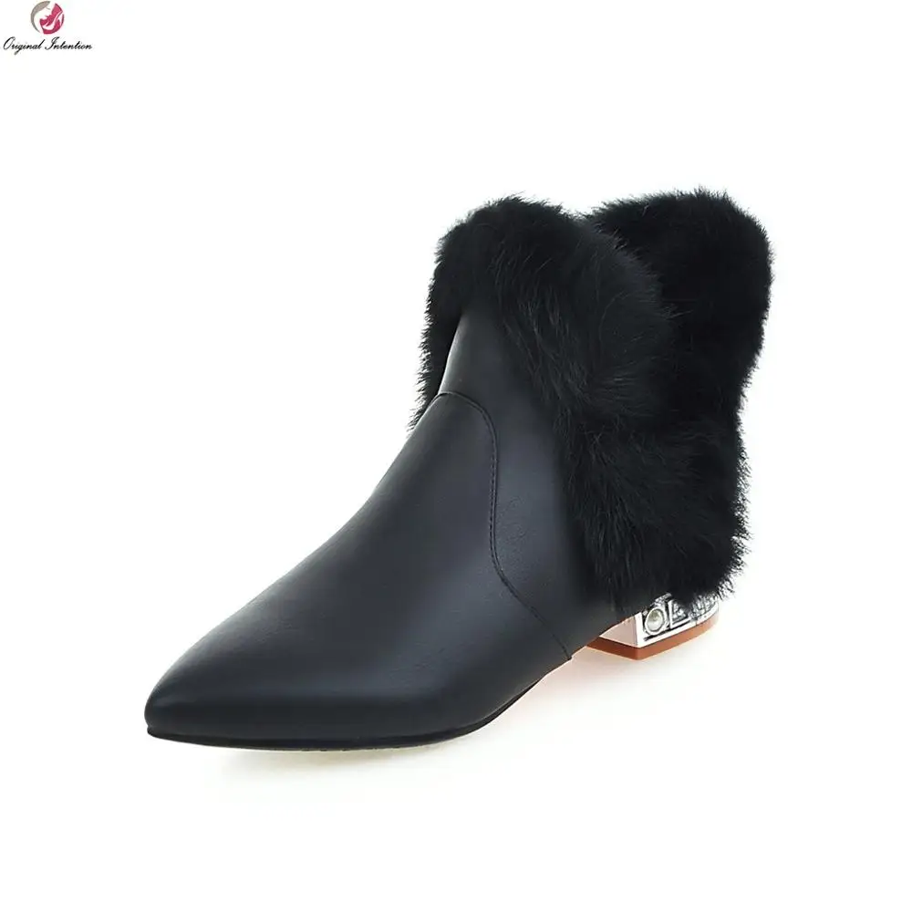 

Original Intention Fur Ankle Boots Woman Winter Pointed Toe Warm Shoes Crystal Low Heels Casual Shoes Female Large Size 3-10.5
