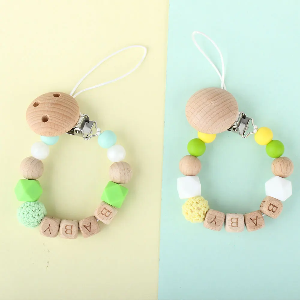 

1pc Pacifier Dummy Nipple Chain Soother Feeder Pacifier Silicone Crochet Natural Beech Wooden Beads Food Grade Baby Clip Chain