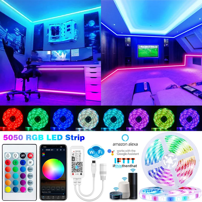 Wi Fi Светодиодные ленты светильник Smart alexa Bluetooth Luces светодиодный с лампа RGB 5050 5 м