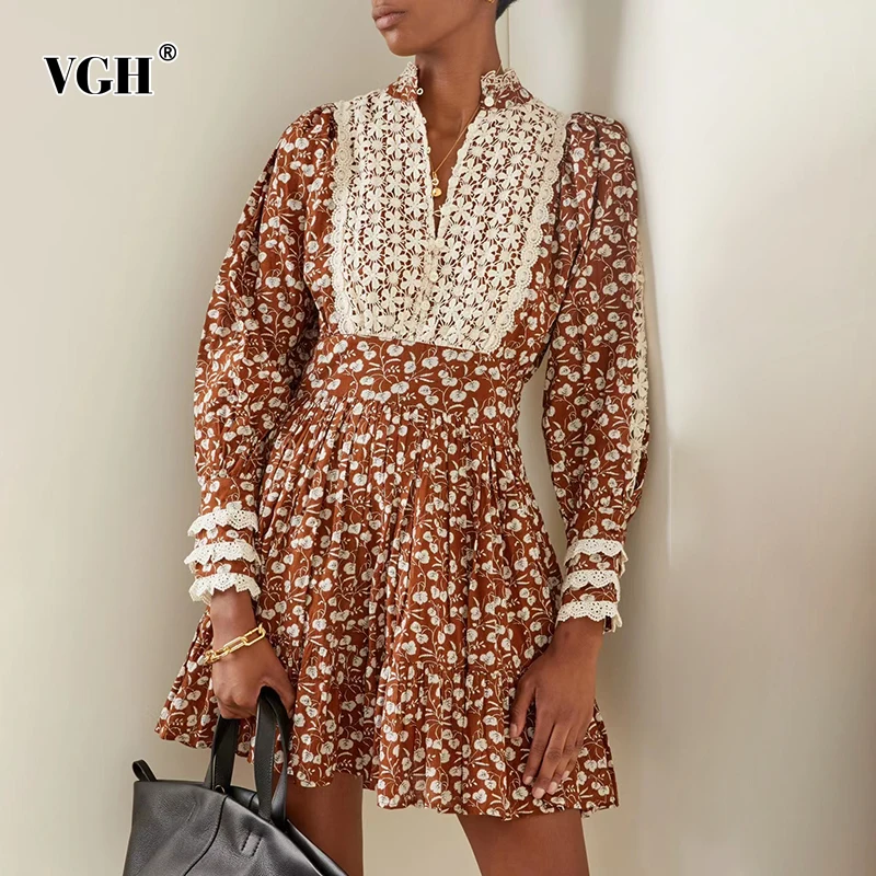 

VGH Casual Patchwork Colorblock Dress Female Stand Collar Long Sleeve Gathered Waist Fashion Dresses For Women Autumn Style 2021