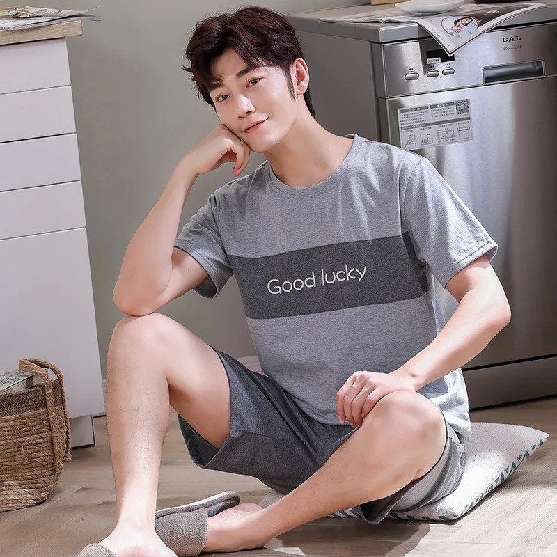 

New O-Neck Full Cotton Mens Summer Short Sleeve Shorts Pajamas Set Big Size L-4XL Sleepwear Leisure Suits Nightwear Men Pijamas