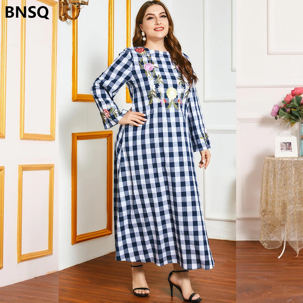 

Plus Size Women's Clothes Arab Dubai Robe Long Plaid Full Sleeves Dresses Casual Spring Turkish Kaftan Loose Waist L-4XL Large