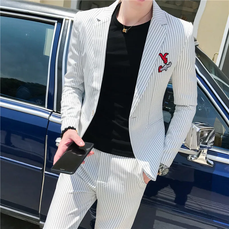 Business Men Suit Classic Simple Striped Suits For Men Fashion Embroidery Slim Fit Formal Wear Suits with Pants 3XL
