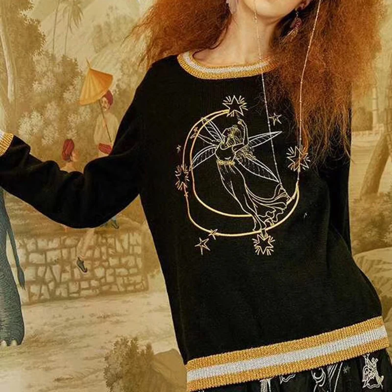 Женский вязаный свитер с люрексом Черный Повседневный пуловер вышивкой в виде