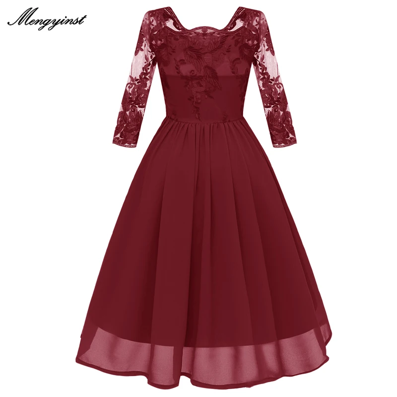 

Summer Spring Elegant Lace Dress Women Casual Slim O-neck 3/4 Sleeve Hollow Out Vintage Long Evening Party Dresses Sexy Vestidos